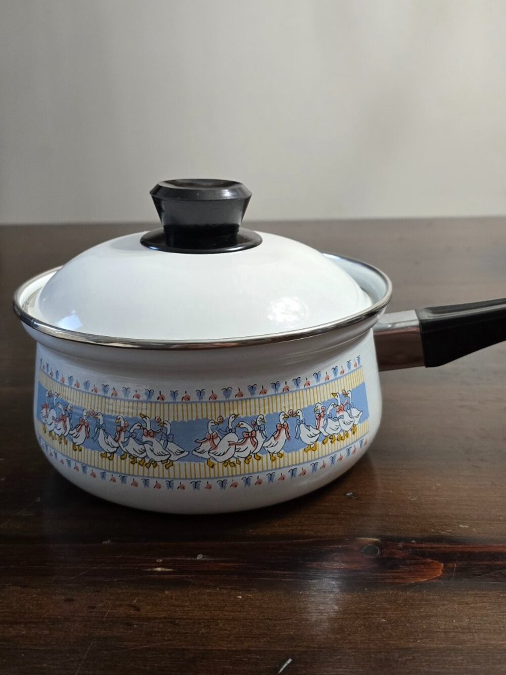 Vintage Country Ribbon Geese Large Enamel Saucepan Pot with Lid